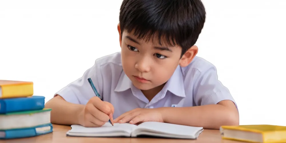 Murid sekolah rendah sedang menumpukan perhatian pada kerja sekolah di meja