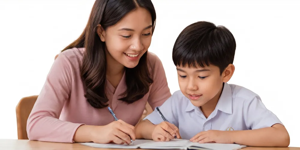 Ibu duduk di sebelah anak dan membantunya membuat kerja rumah di rumah